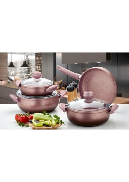 7 Parça Granit Tencere Seti Azra Model Rose