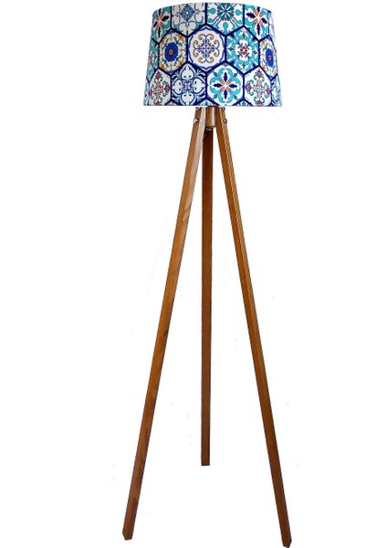 Masif 3 Ayaklı Lambader Tripod Çini Desen-Açık Ceviz