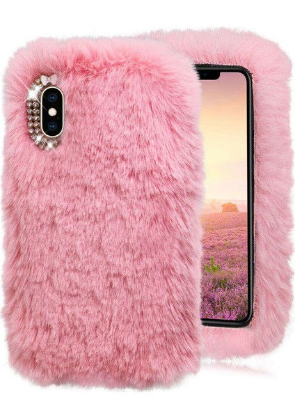 Xiaomi Mi 8 Kılıf Peluş Tüylü Taşlı Silikon Tpu Kapak Pembe