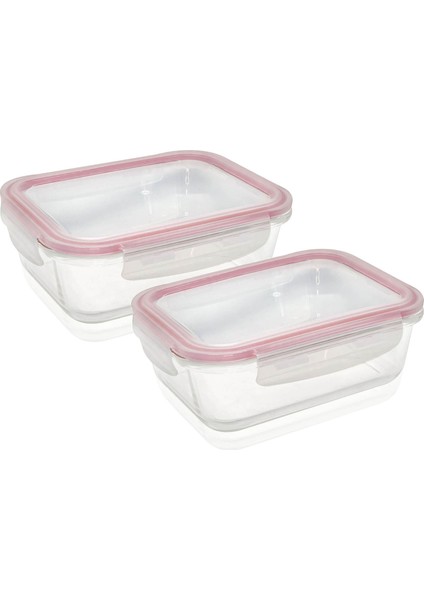 2'li Set Cam Saklama Kabı 600 ml Pembe