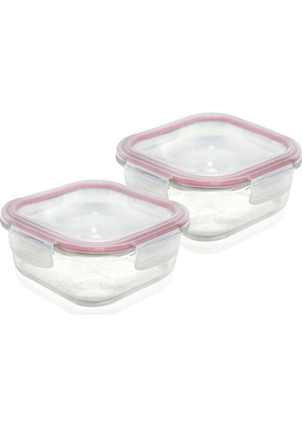 2'li Set Cam Saklama Kabı Kare 500 ml Pembe