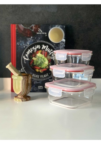 2'li Set Cam Saklama Kabı Kare 500 ml Pembe