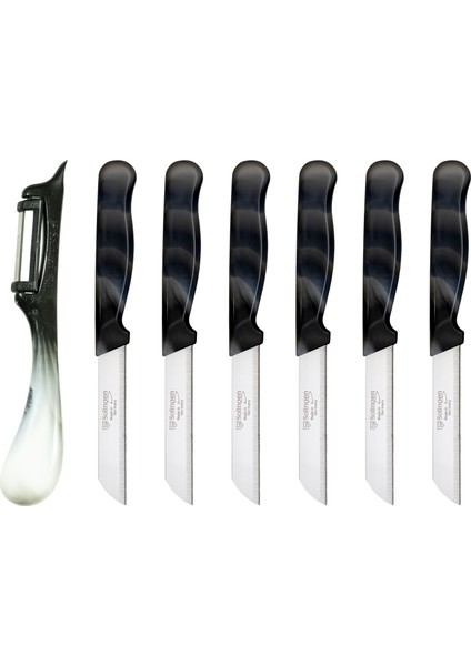 Mermer Desen 6'lı Bıçak ve Ebruli Desen Dikey Soyacak Seti Siyah