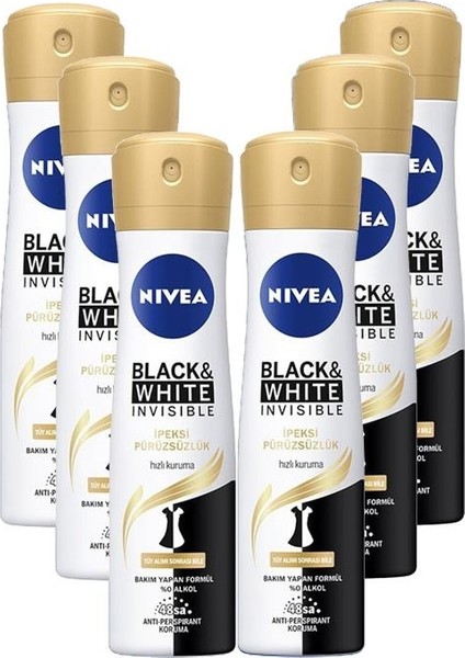 Invisible Black&white Ipeksi Pürüzsüzlük 150 ml Kadın Deodorant Sprey*6 Adet Avantajlı Paket