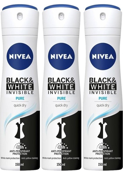 Invisible Black&white Pure Sprey Kadın Deodorant 150 ml x 3