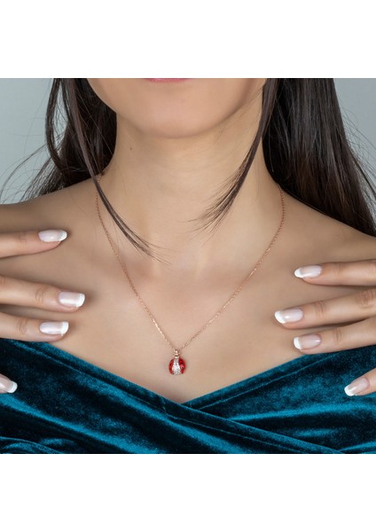 Taşlı Uğur Böceği Gümüş Kolye