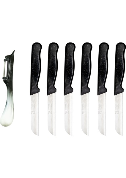 Simli Desen 6'lı Bıçak ve Ebruli Desen Dikey Soyacak Seti Siyah