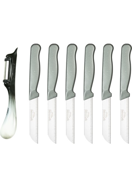 Simli Desen 6'lı Bıçak ve Ebruli Desen Dikey Soyacak Seti Gri