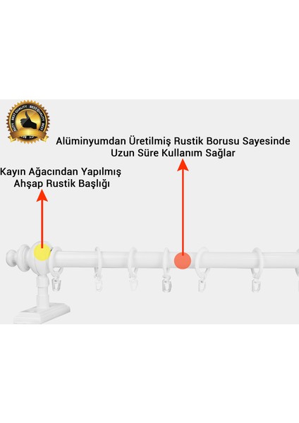 Beyaz Raysız Ahşap Rustik Perde Askısı - Rustik Borusu 100 cm