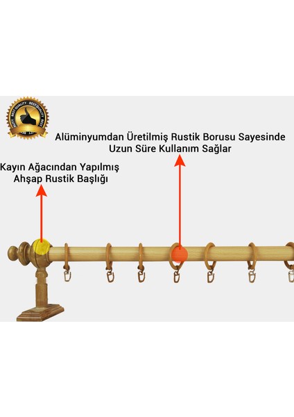 Meşe Raysız Ahşap Rustik Perde Askısı - Rustik Borusu 100 cm