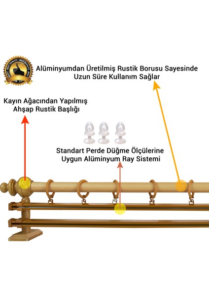 Meşe Çift Raylı Ahşap Rustik Perde Askısı - Rustik Borusu 100 cm