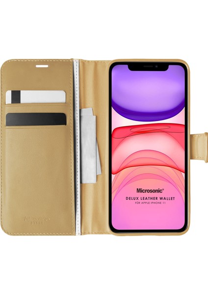 Apple iPhone 11 Kılıf Delux Leather Wallet Gold