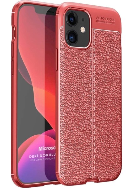 Apple iPhone 12 Kılıf Deri Dokulu Silikon Kırmızı