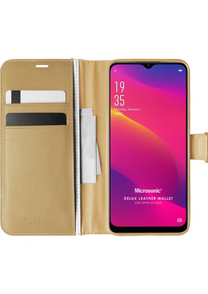 Oppo A9 2020 Kılıf Delux Leather Wallet Gold