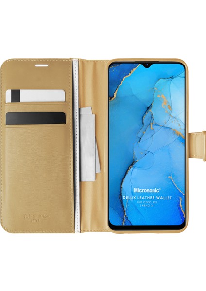 Oppo A91 Kılıf Delux Leather Wallet Gold