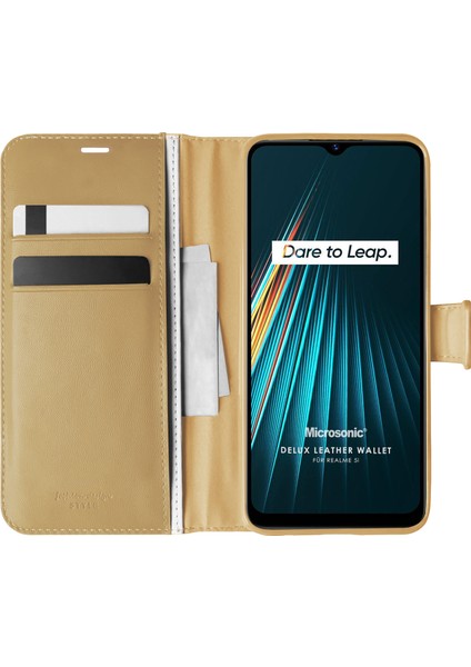 Realme 5i Kılıf Delux Leather Wallet Gold