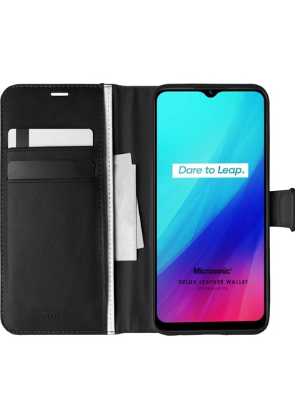 Realme C3 Kılıf Delux Leather Wallet Siyah