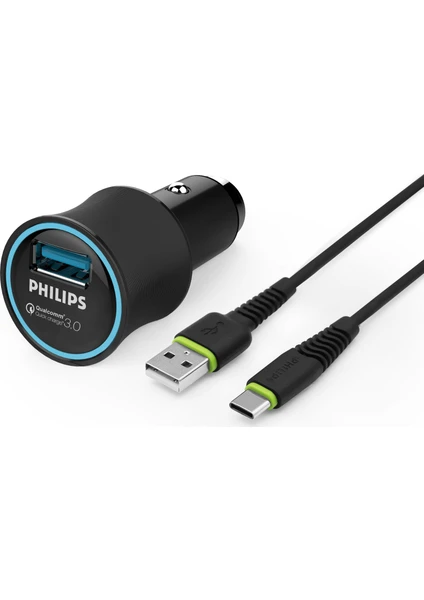 DLP3520C/97 USB Araç İçi Şarj Cihazı QC 3.0 + USB-C 1.2 mt Şarj Kablosu Siyah