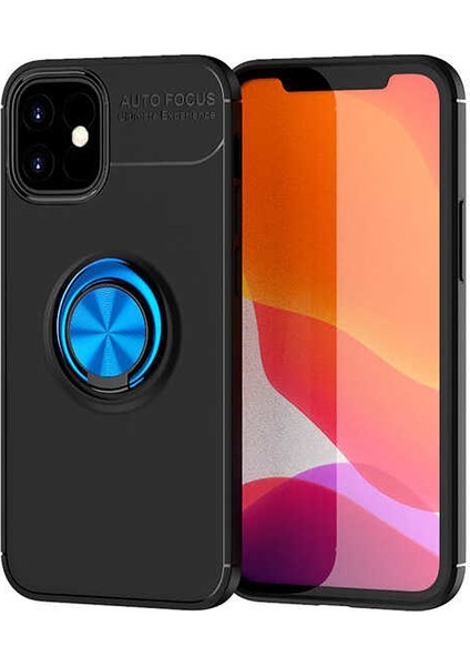 Apple iPhone 12 (5.4'') Kılıf Ultra Korumalı Yüzüklü Manyetik Ravel Silikon + Tam Kaplayan 5D Cam Ekran Koruyucu Siyah - Mavi