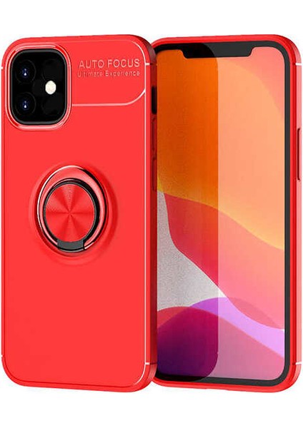 Apple iPhone 12 (5.4'') Kılıf Ultra Korumalı Yüzüklü Manyetik Ravel Silikon + Tam Kaplayan 6D Nano Ekran Koruyucu Kırmızı