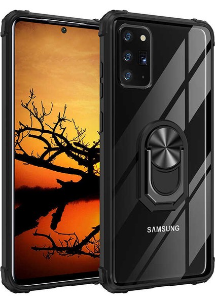 Samsung Galaxy Note 20 Kılıf Korumalı Yüzüklü Standlı Mola Kapak + Tam Kaplayan 6D Polymer Nano Ekran Koruyucu Siyah