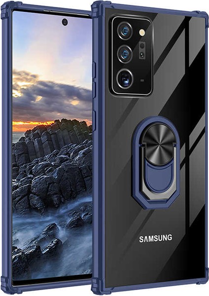 Samsung Galaxy Note 20 Ultra Kılıf Korumalı Yüzüklü Standlı Mola Kapak Lacivert