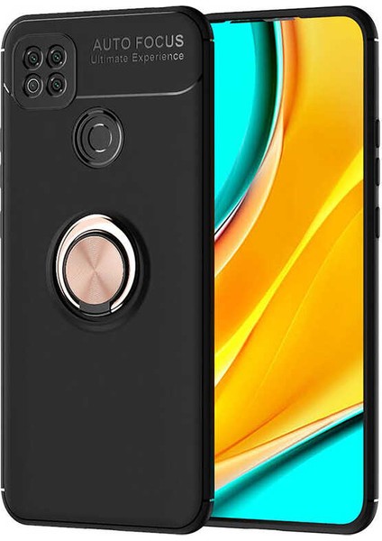 - Xiaomi Redmi 9C - Kılıf Yüzüklü Karbon Ravel Silikon Kapak - Siyah-Rose Gold