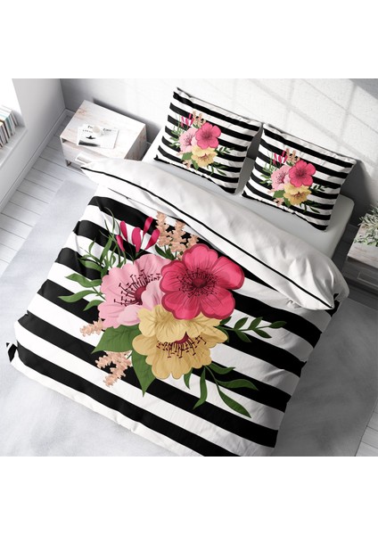 Flower Line 3D Pamuk Saten Çift Kişilik Nevresim Takımı