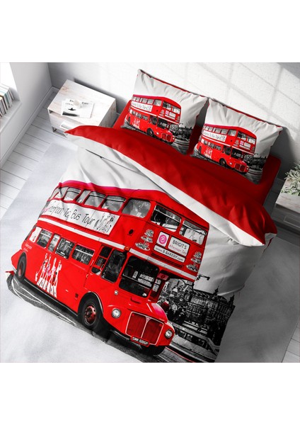 London Bus 3D Pamuk Saten Çift Kişilik Nevresim Takımı