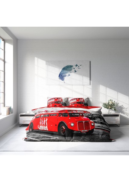 London Bus 3D Pamuk Saten Çift Kişilik Nevresim Takımı modelleri