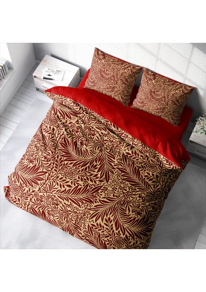 Red Leaf 3D Pamuk Saten Çift Kişilik Nevresim Takımı