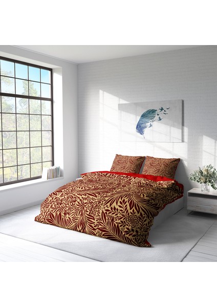 Red Leaf 3D Pamuk Saten Çift Kişilik Nevresim Takımı