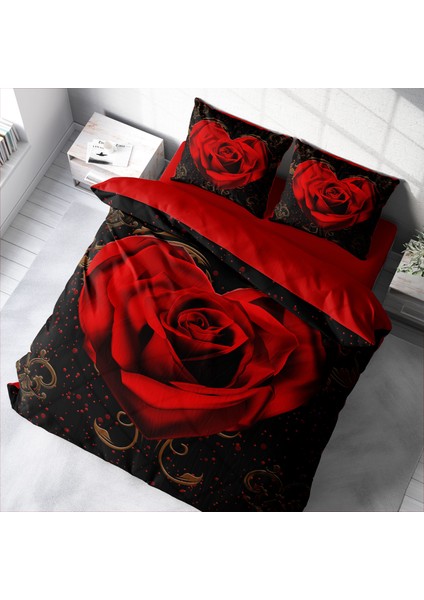 Red Rose 3D Pamuk Saten Çift Kişilik Nevresim Takımı