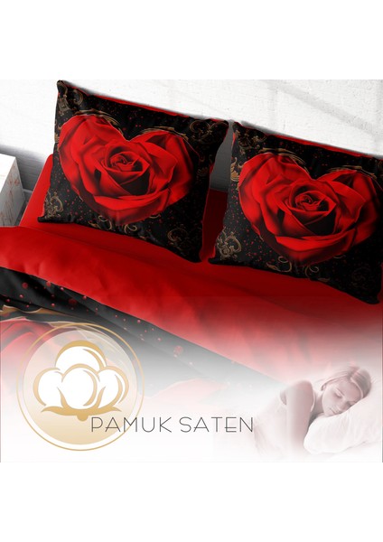 Red Rose 3D Pamuk Saten Çift Kişilik Nevresim Takımı