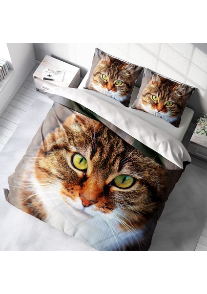 Tabby 3D Pamuk Saten Çift Kişilik Nevresim Takımı