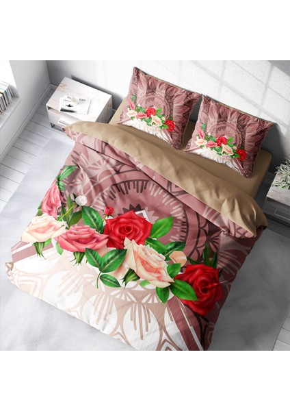 Brown & Rose 3D Pamuk Saten Çift Kişilik Nevresim Takımı