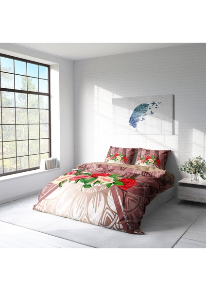 Brown & Rose 3D Pamuk Saten Çift Kişilik Nevresim Takımı