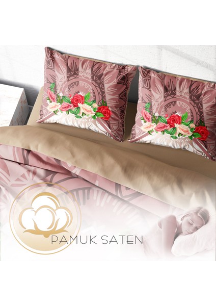 Brown & Rose 3D Pamuk Saten Çift Kişilik Nevresim Takımı