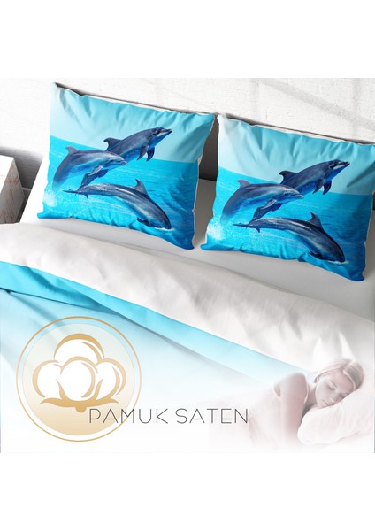 Dolphin3 3D Pamuk Saten Çift Kişilik Nevresim Takımı