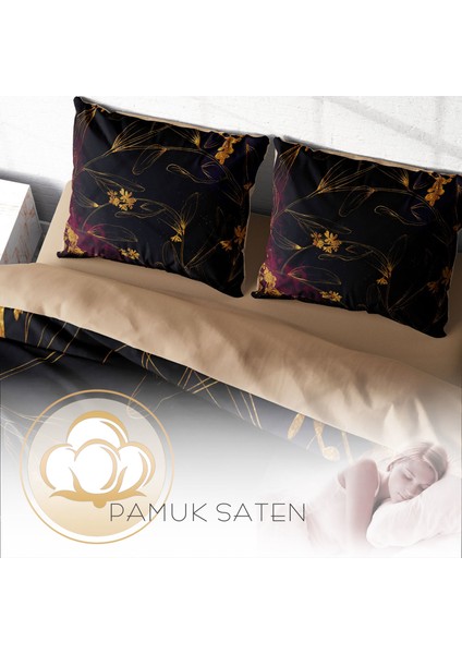 Siyah Çiçek 3D Pamuk Saten Çift Kişilik Nevresim Takımı