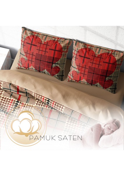 Square Heart 3D Pamuk Saten Çift Kişilik Nevresim Takımı