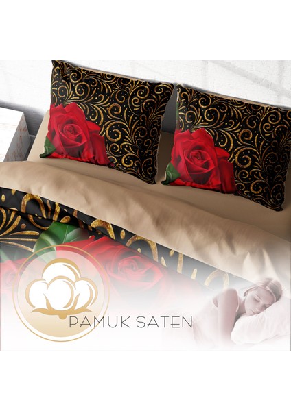 Gold & Roses 3D Pamuk Saten Çift Kişilik Nevresim Takımı
