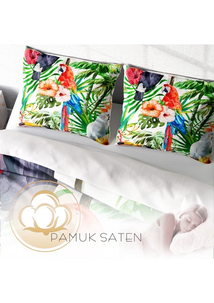 Green White 3D Pamuk Saten Çift Kişilik Nevresim Takımı
