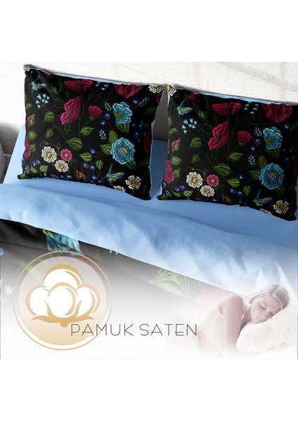 Flower Black 3D Pamuk Saten Çift Kişilik Nevresim Takımı
