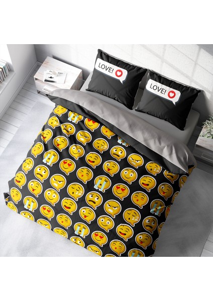 I Love Emoji 3D Pamuk Saten Çift Kişilik Nevresim Takımı
