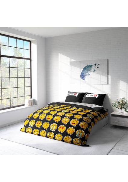 I Love Emoji 3D Pamuk Saten Çift Kişilik Nevresim Takımı fiyatları