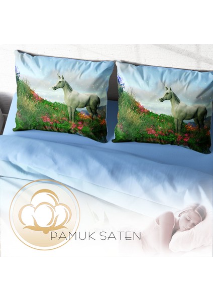 Unicorn 3D Pamuk Saten Çift Kişilik Nevresim Takımı