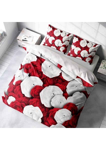 White & Red 3D Pamuk Saten Çift Kişilik Nevresim Takımı