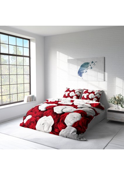White & Red 3D Pamuk Saten Çift Kişilik Nevresim Takımı