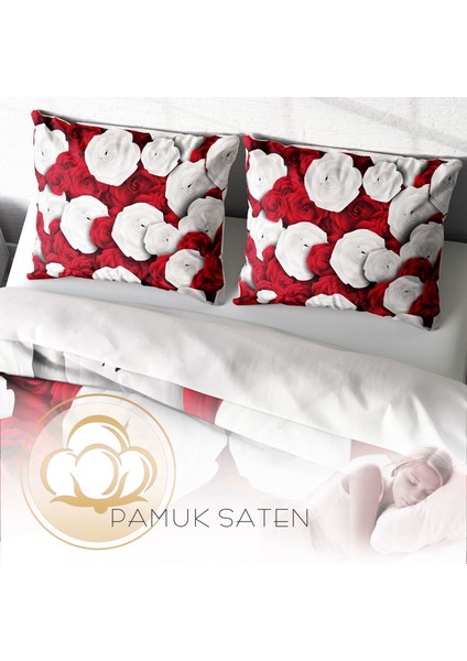 White & Red 3D Pamuk Saten Çift Kişilik Nevresim Takımı